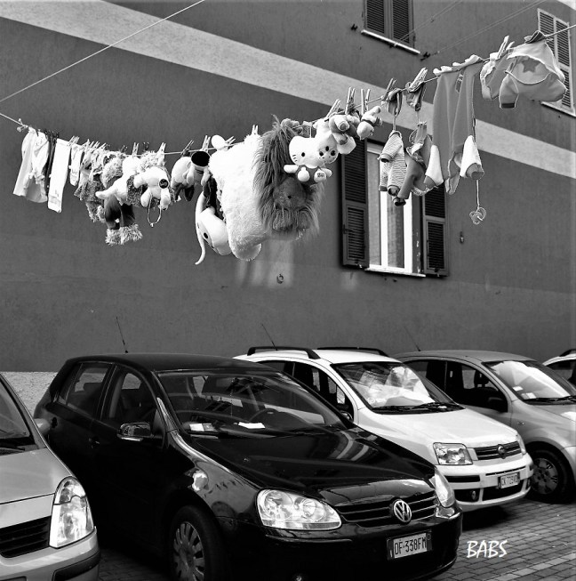 photo noir et blanc de peluches suspendues au dessus de voitures dues au dessus voitures
